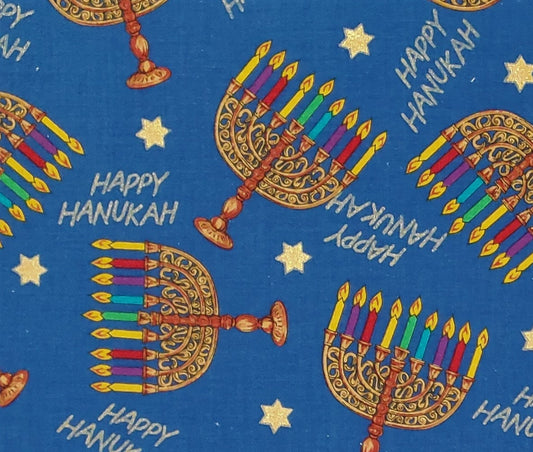 C S Shamash and Sons P#1522-1 - Blue Fabric / Happy Hanukah and Colorful Menorah Pattern