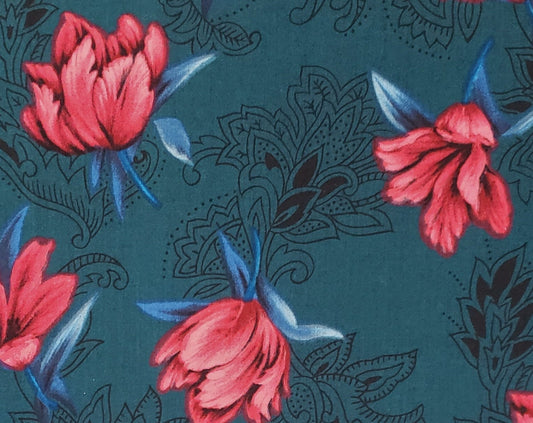 The Alexander Henry Collection - Dark Teal Fabric / Large Dark Pink Flower Pattern