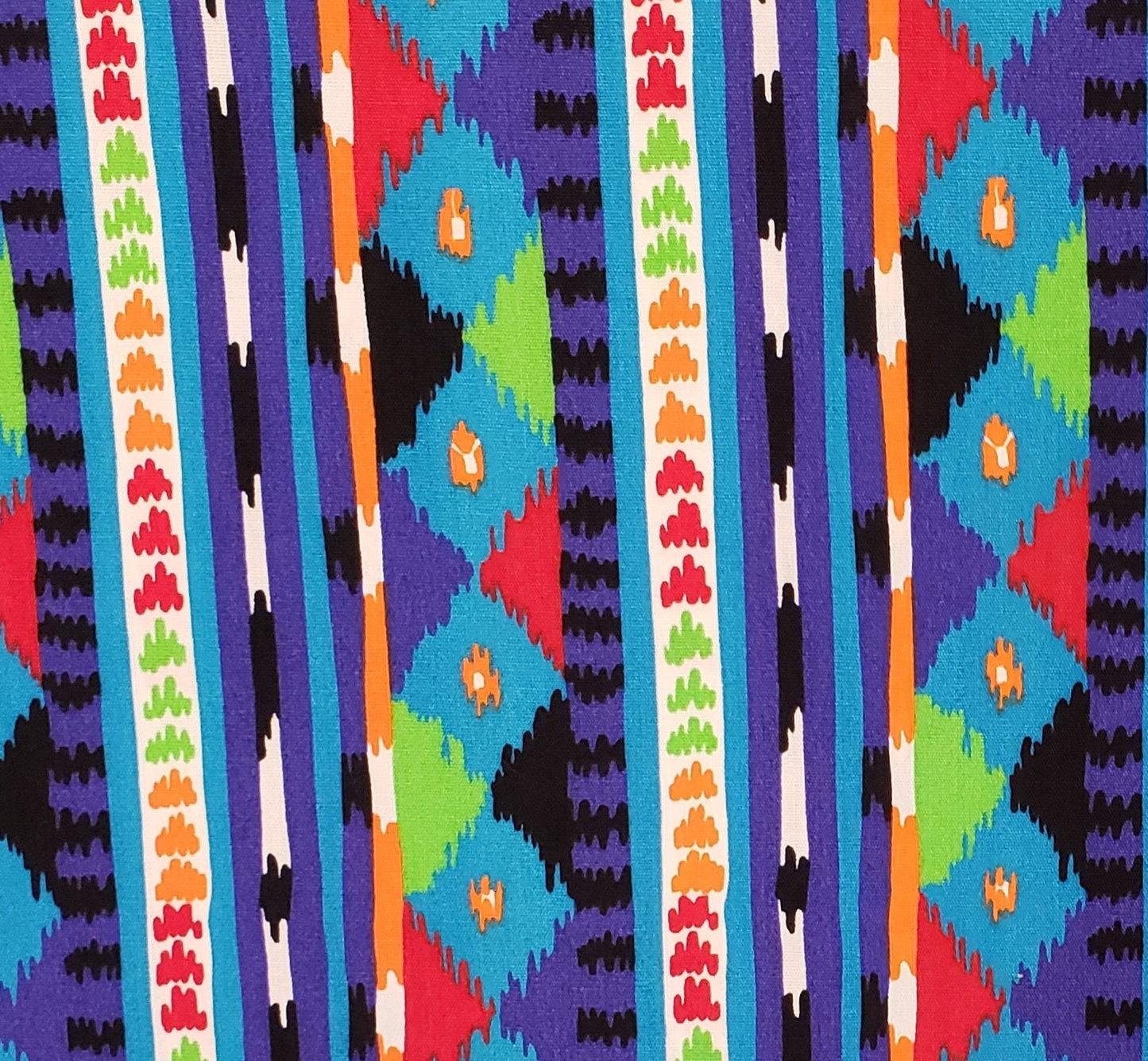 Cranston Print Works - Schwartz Liebman, Tex. USA - Vibrant Southwest Style Strpe Fabric in Purple, Green, Orange and Blue