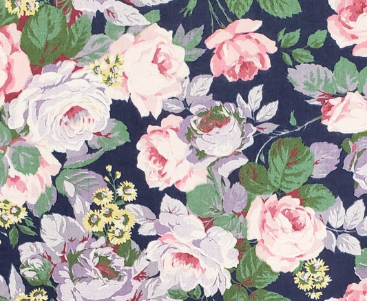 Dark Blue Fabric / Pink and Lavender Rose Pattern - 60" Wide