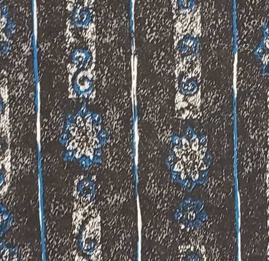 Black and Gray "Sponge Paint" Fabric with Blue and White Floral Stripes - 60" Wide