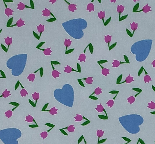 Pale Blue Fabric - Medium Blue Heart and Pink Tulip Pattern