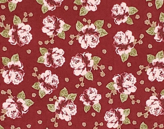 EOB - Buttercream Designed Exclusively for JoAnn Fabric - Maroon Fabric with Pink Rose Pattern and Gold Metallic Detail