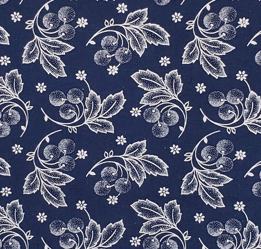 Navy Fabric / White Leaf and Berry Print - 36" WIDE Fabric - Selvage Selvage Print