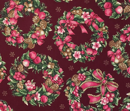 A VIP Cranston Print Works - Cranberry Fabric with Holiday Wreaths / Gold Metallic Accents