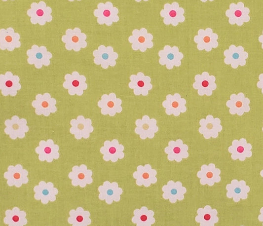 Happi by Dena Fabric Traditions 2011 - Bright Green Retro Fabric with White Daisies and Brightly Colored Centers