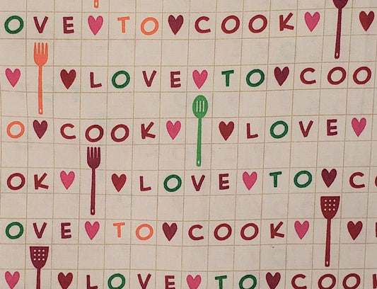 AMF - Love to Cook D#13284 - Light Tan Fabric / Bold Berry, Green and Orange Love to Cook Print