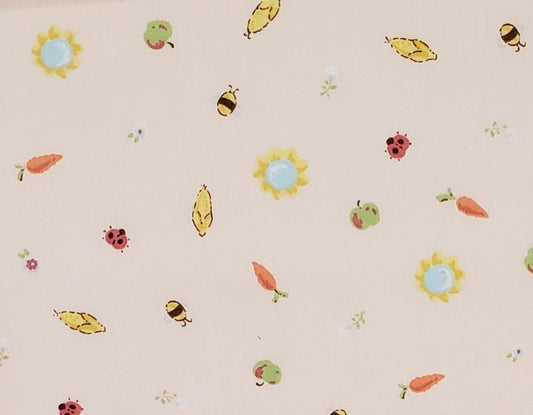 EOB - Vintage Lightweight Pale Peach Fabric / Scattered Fruits, Vegetables, Bees and Lady Bugs