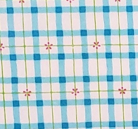 White, Blue and Lime Green Plaid Fabric with Red Flower Pattern