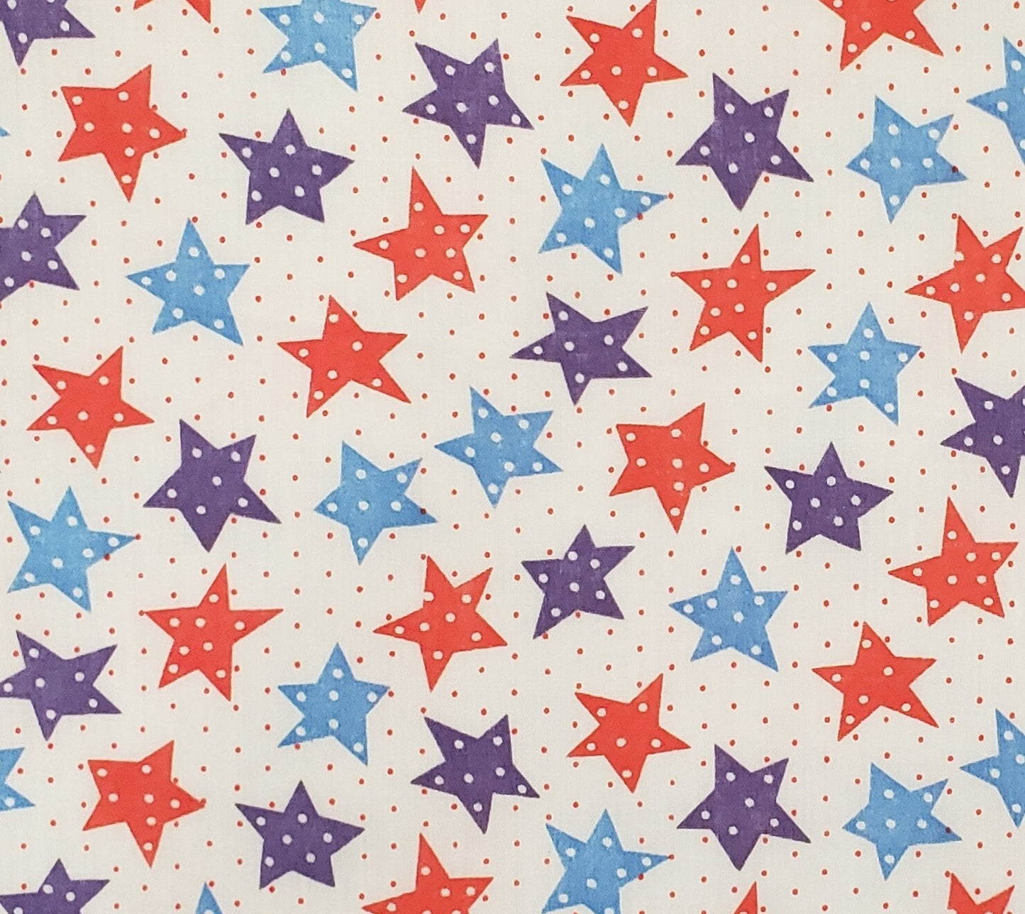 Vintage Lightweight White Fabric - Red, Light Blue and Purple Stars with Polka Dots