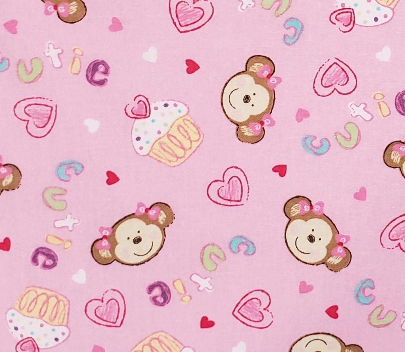 JoAnn Fabric - Juvenile Pink Fabric / CUTE Teddy Bear Faces and Cupcakes Print