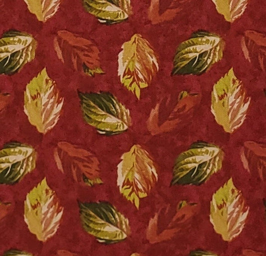 English Cottage #2422 by Ro Gregg for Northcott Fabrics - Dark Red Mottled Fabric / Cream and Green Autumnal Leaf Print