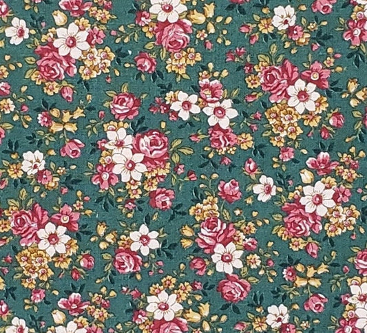 EOB - Concord Fabrics, Inc. Designed by The Kesslers - Green Fabric / Vintage Pink and White Flower Print