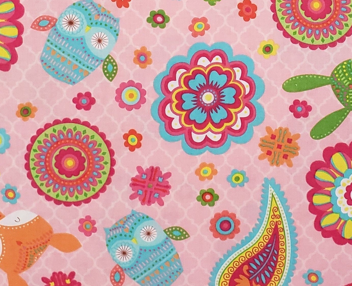 Light Pink/White Lattice Background Fabric - Brightly Colored Fox, Rabbit, Cat, Owl, Flower and Paisley Print