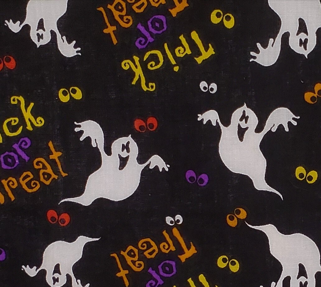 Black Fabric / Trick or Treat, Ghosts and Colorful "Floating" Eye Pattern