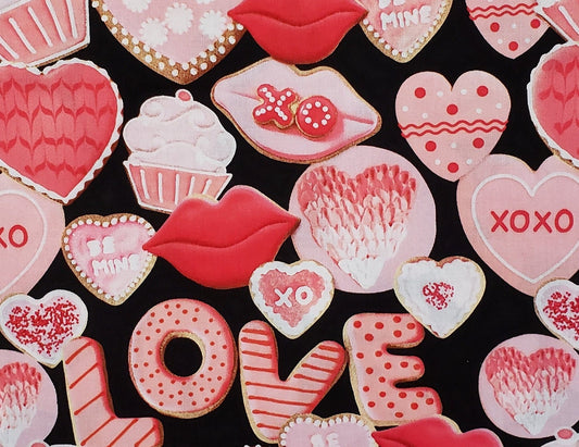 JMT3512 2018 Hobby Lobby Stores - Black Fabric / Pink Hearts, Lips and Love Valentine Print