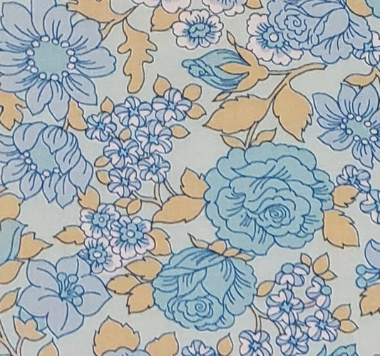 Vintage Fabric - Pale Blue with Light Blue and Tan Floral Print - 37" WIDE - Selvage to Selvage Print