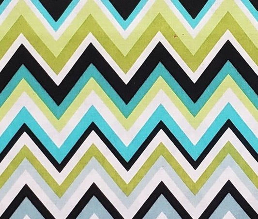 White Fabric - Lime, Turquoise and Black Horizontal Zigzag Stripes - Selvage to Selvage Print