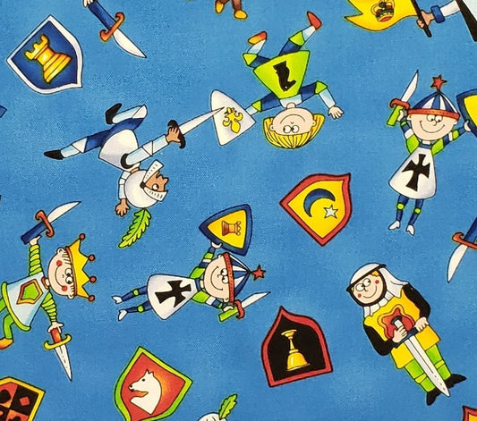 Timeless Treasures 2007 - Bright Blue Fabric / Cartoon-Style Knights and Horses Print