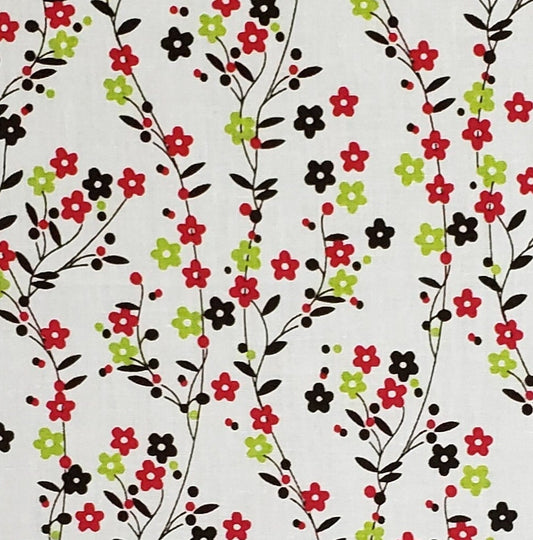 JoAnn Fabric - Off White Fabric with Red, Dark Brown and Lime Green Vertical Flower Vine Print