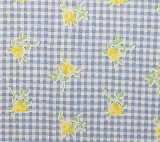 EOB - Fabric Traditions 2000 - Light Blue Gingham-Style Print / Scattered Yellow Rose Print