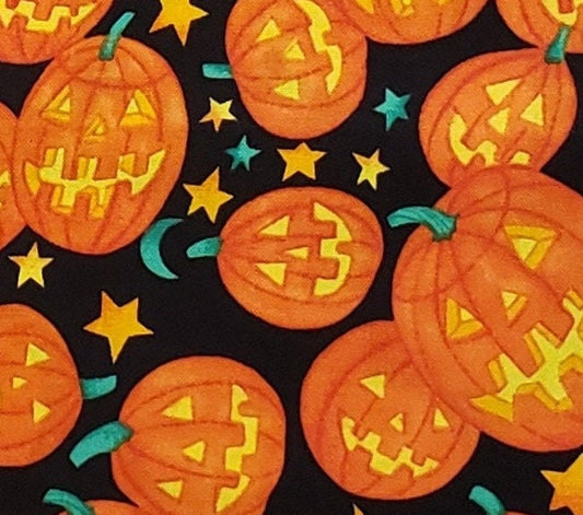 Fun Pumpkin The Alexander Henry Fabric Collection 2004 - Black Fabric / Bright Orange Jack-o-Lantern Print