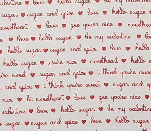 Riley Blake Design Pattern c11413 Sugar and Spice by Lindsay Wilkes 2021 - White Fabric / Red Heart and Sentiment Print