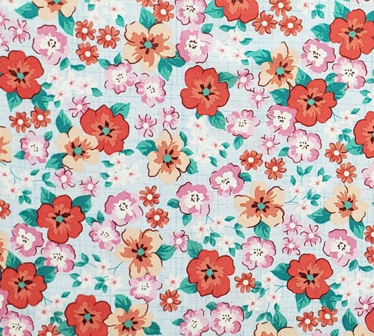 EOB - JoAnn Fabric and Craft Stores - Printed in South Korea - Pale Blue Fabric / Crosshatch Background / Red / Coral / Pink Flower Print