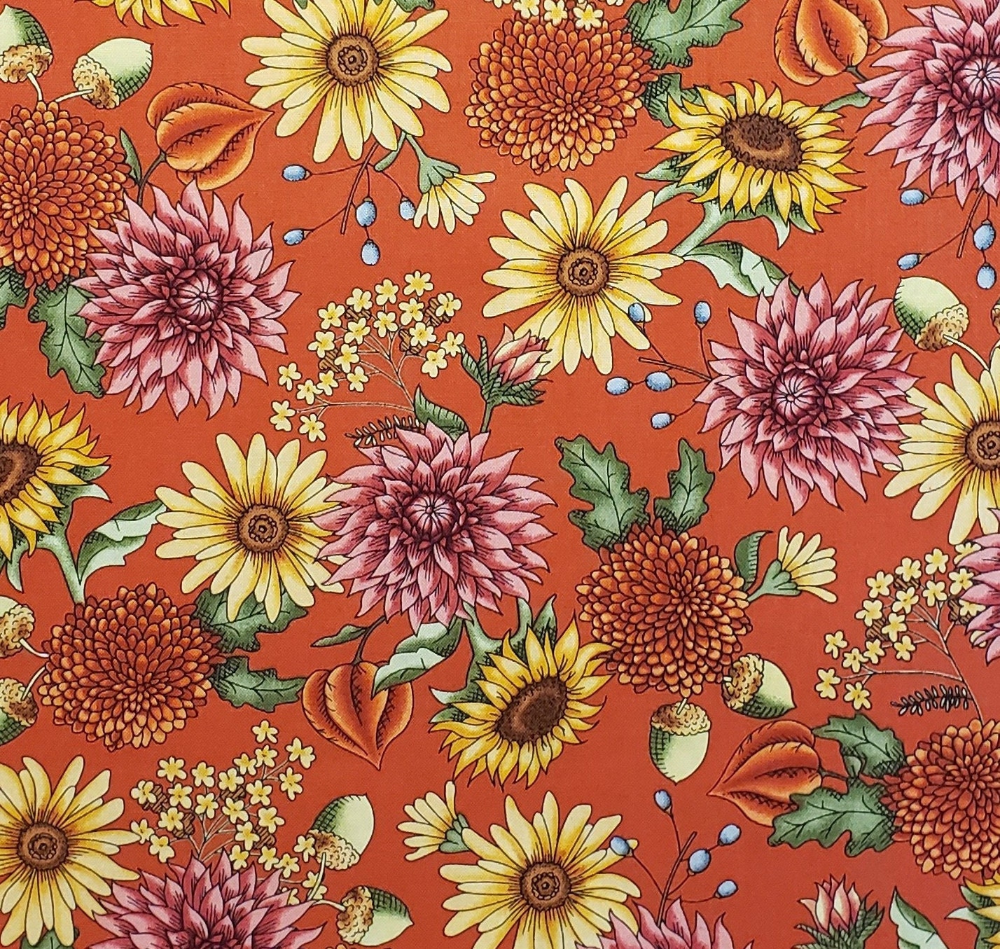 Sweater Weather by Kris Lammers from Maywood Studio - Flowers - Orange Fabric / Yellow / Pink / Green / Flowers / Acorn