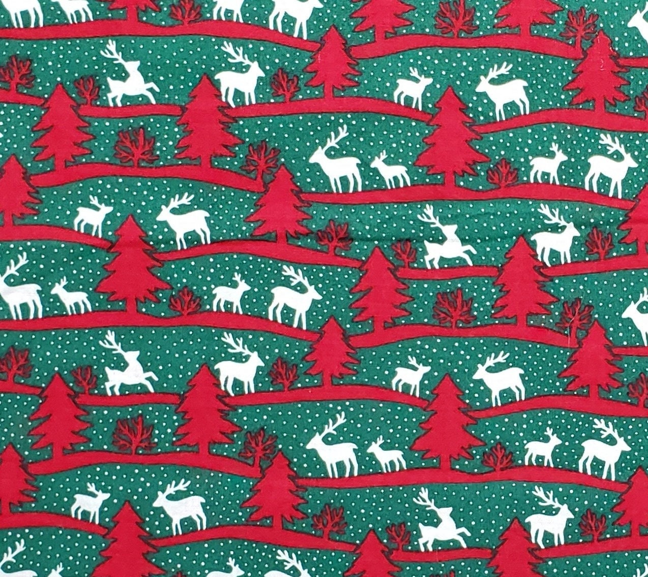 Christmas / Green Fabric / Red Tree Veritcal Stripe / White Reindeer and Snow Print - Selvage to Selvage Print