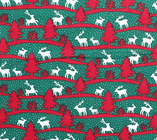 Christmas / Green Fabric / Red Tree Veritcal Stripe / White Reindeer and Snow Print - Selvage to Selvage Print