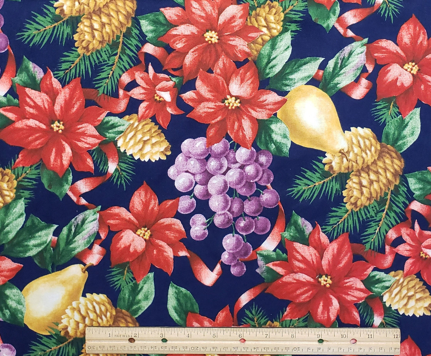 Faye Burgos for Marcus Brothers Textiles - Navy Fabric / Poinsettia/Pine Cones/Pine Bough/Grape Cluster/Pears/Red Ribbon / Christmas Print