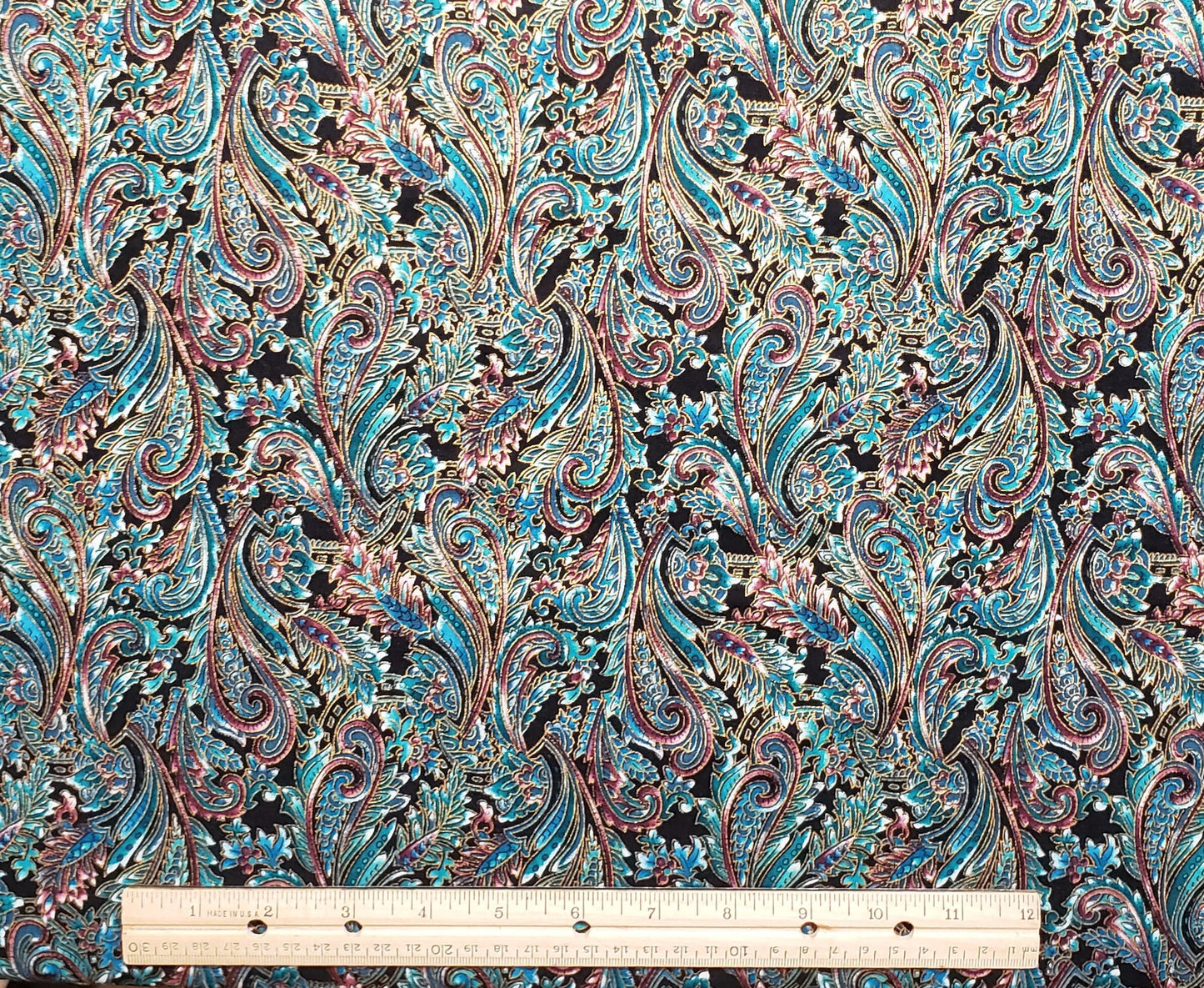 Canterbury Manor by Hoffman International Fabrics-Screen Print-Black Fabric / Teal, Turquoise, Blue, Burgundy Print / Gold Metallic Accents