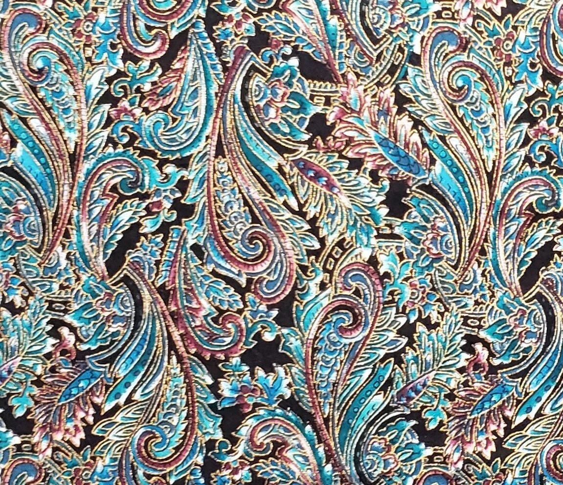 Canterbury Manor by Hoffman International Fabrics-Screen Print-Black Fabric / Teal, Turquoise, Blue, Burgundy Print / Gold Metallic Accents