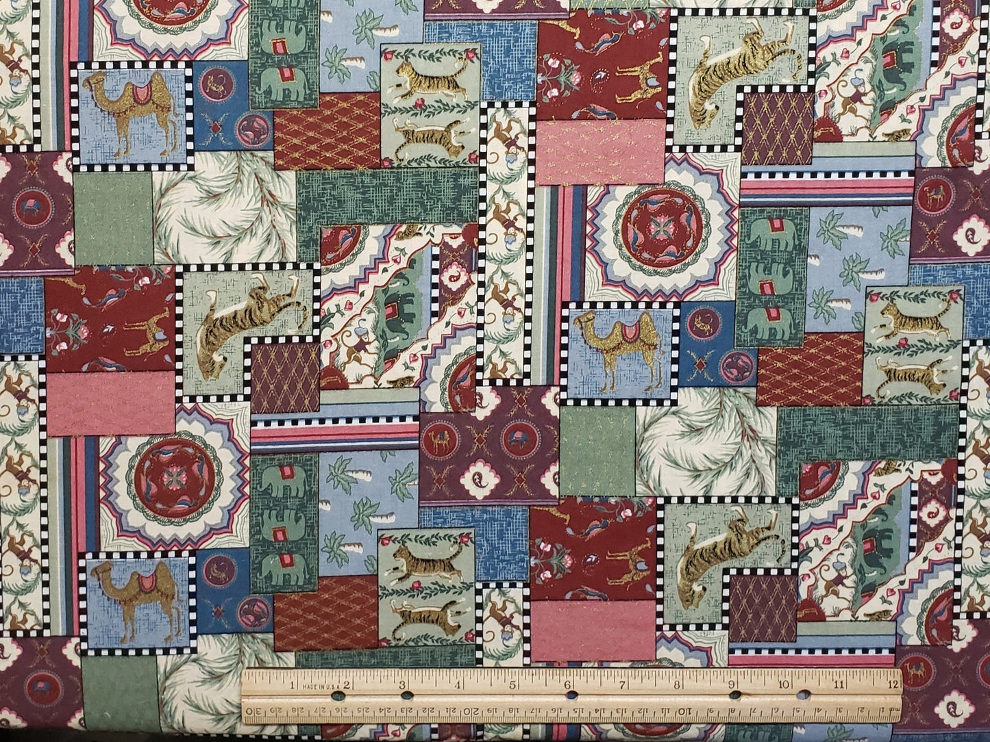 Patchwork Fabric / Vintage / Green, Blue, Plum, Burgundy, Rose Elephant, Tiger, Monkey, Camel / Gold Metallic Accents