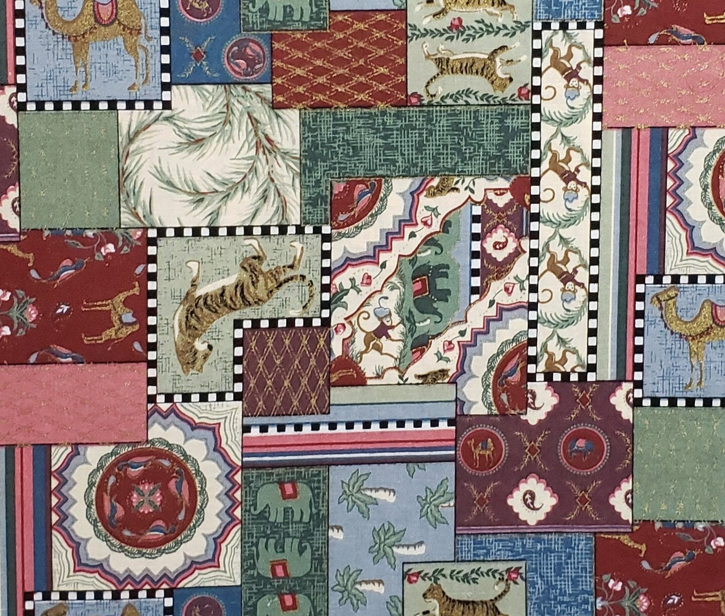 Patchwork Fabric / Vintage / Green, Blue, Plum, Burgundy, Rose Elephant, Tiger, Monkey, Camel / Gold Metallic Accents