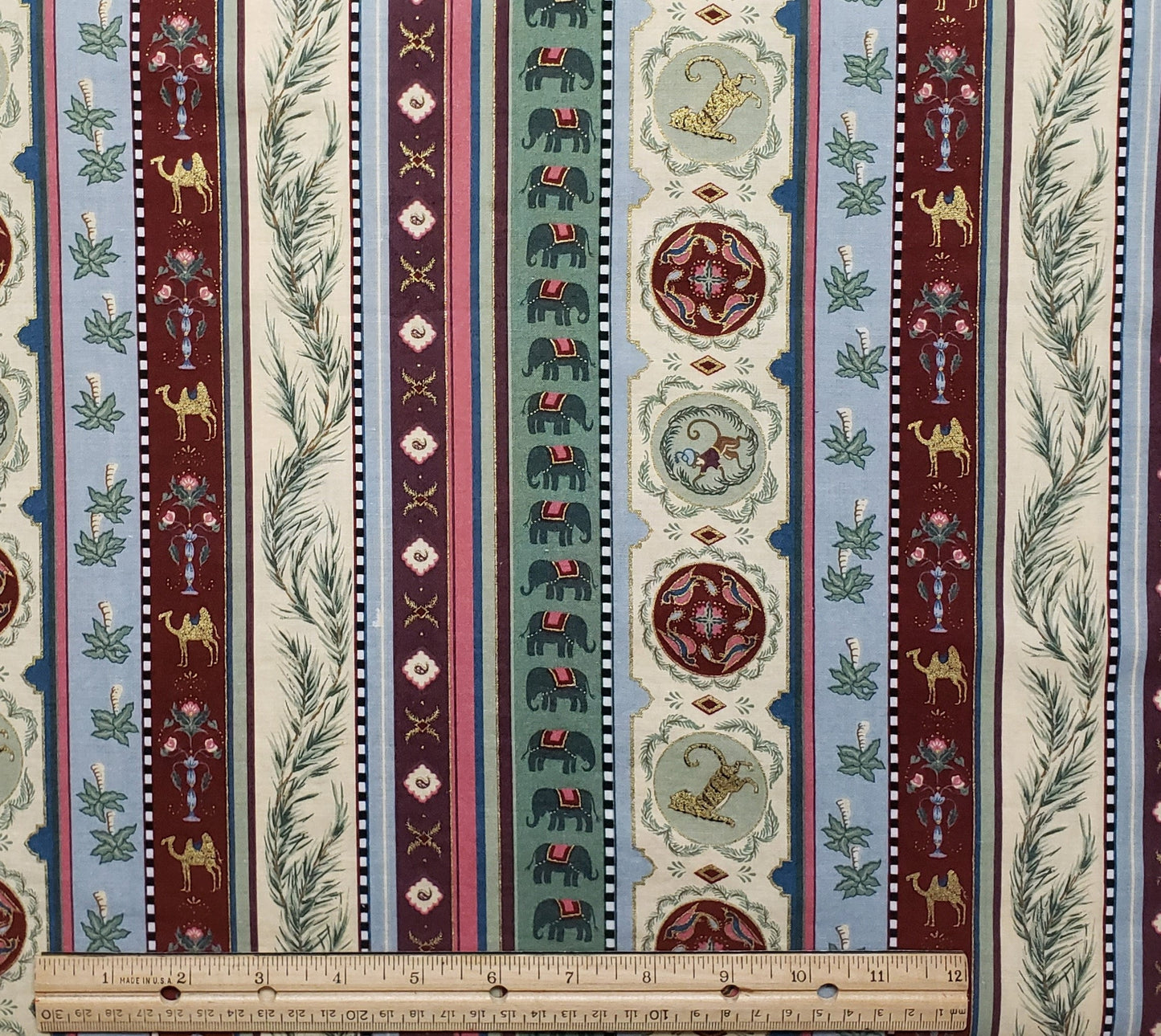 Stripe Fabric / Vintage / Green, Blue, Plum, Burgundy, Rose Elephant, Tiger, Monkey, Camel / Gold Metallic Accents