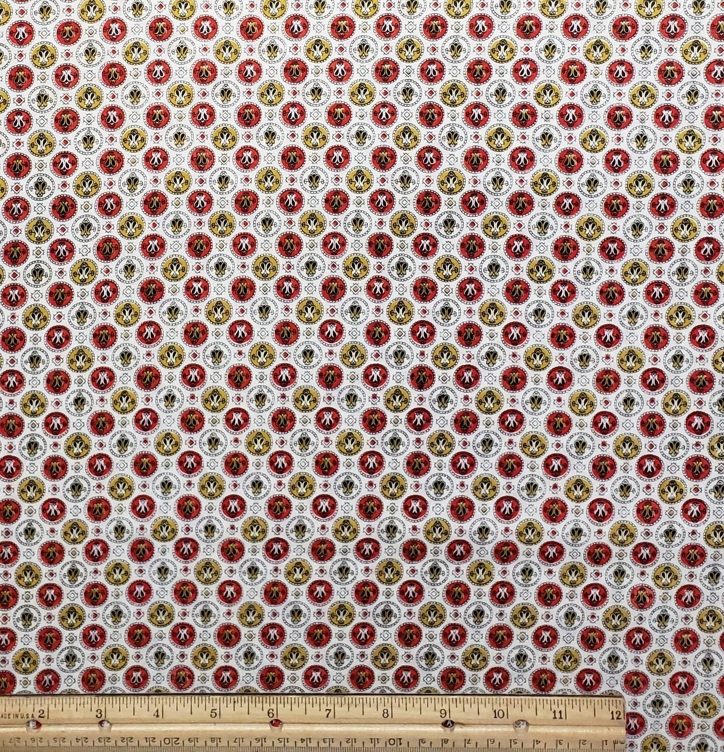 Vintage White Fabric / Dark Gold / Red / Medallion Print - 35" WIDE