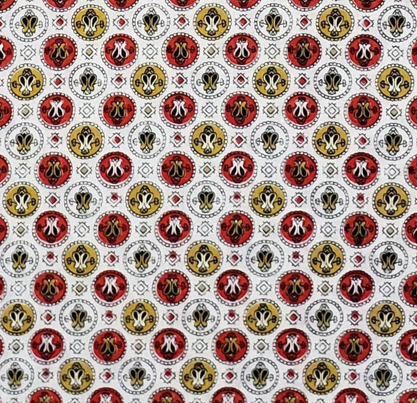 Vintage White Fabric / Dark Gold / Red / Medallion Print - 35" WIDE