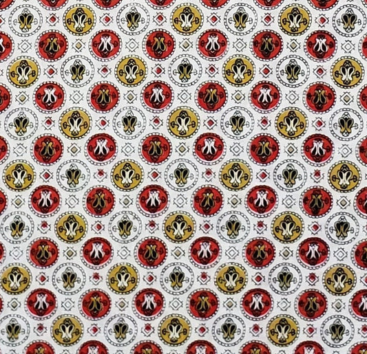 Vintage White Fabric / Dark Gold / Red / Medallion Print - 35" WIDE