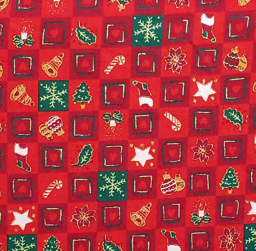 Seasons Greetings From Fabri Quilt, Inc. Pattern #80 - Red Fabric / Dark Red / Green / Checkerboard Print / Gold Metallic / Christmas