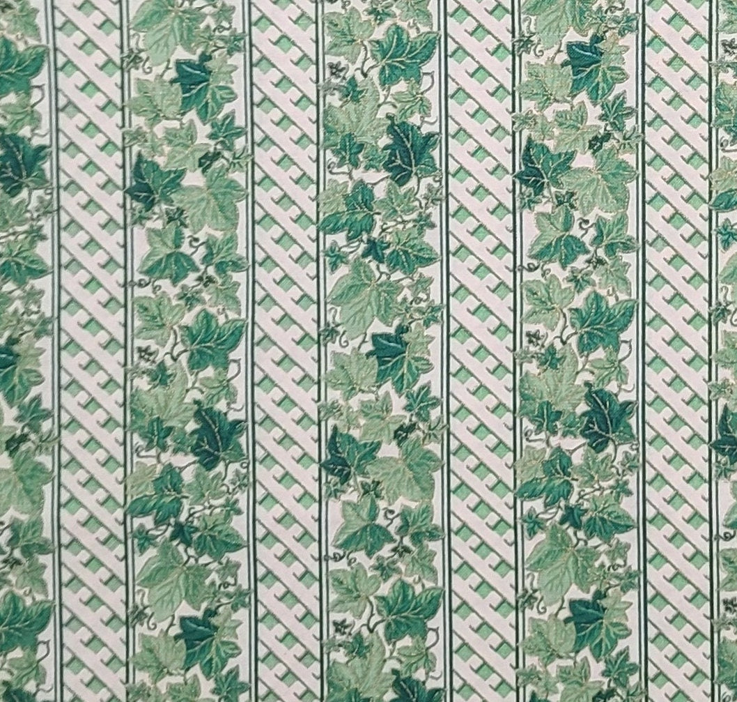 EOB - A VIP Print Cranston Print Works - Soft White Fabric / Green 'Lattice' Stripe / Ivy Stripe / Stripe Is Parallel to Selvage