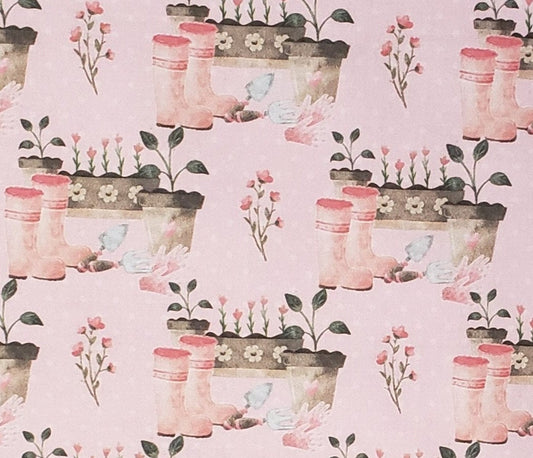 Pale Pink Fabric / White pindot / Flower Pot / Garden / Rain Boots