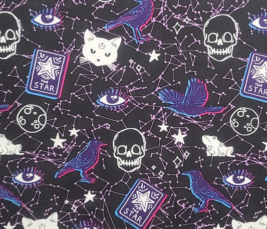 Designed Exclusively for Joann - Black Fabric / Lavender Constellation / White Cat / White Frog / White Skull / Purple Crow