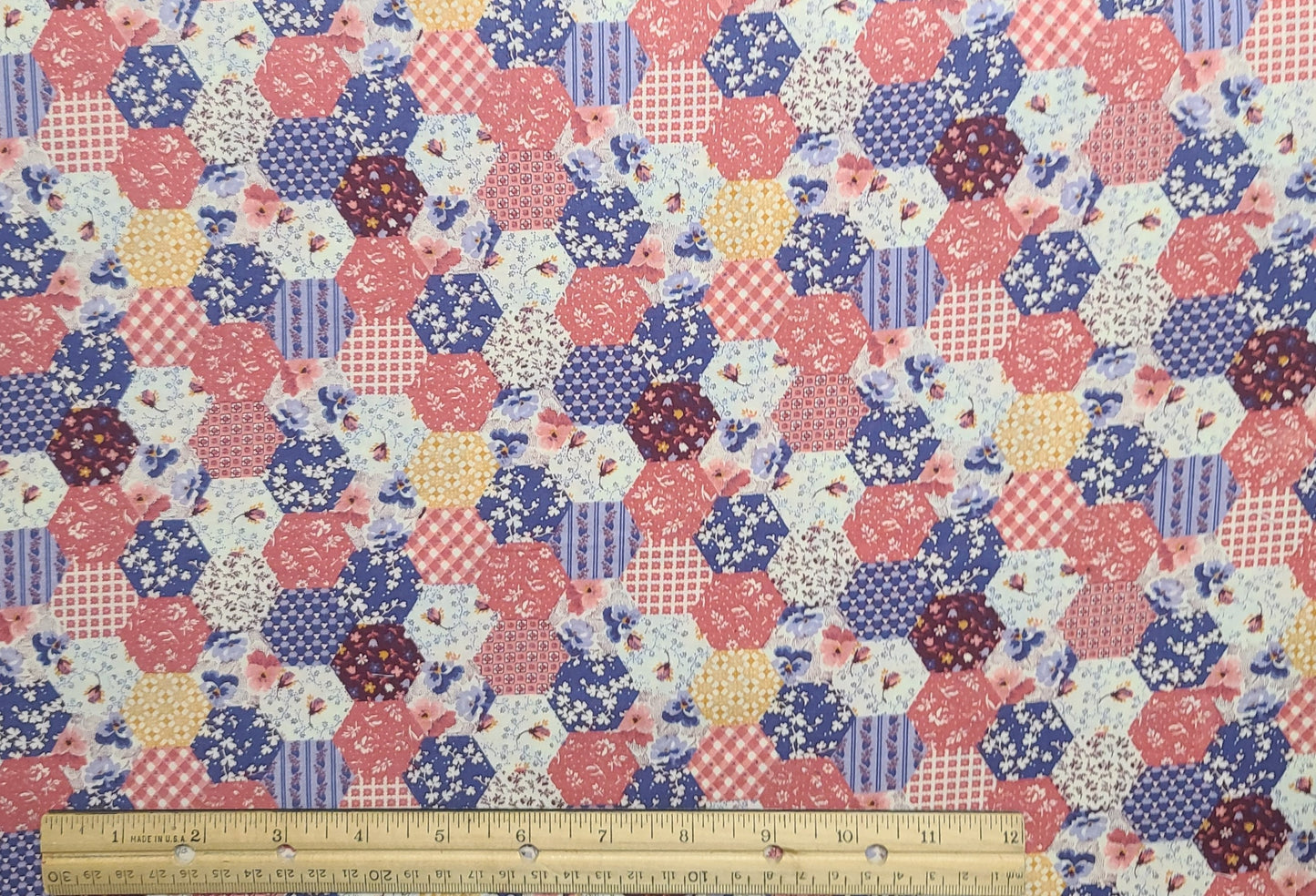 A VIP Cranston Print Works - Mini Hexigon Allover Print Cheater Cloth Fabric / Vintage Style / Rose / Maroon / Blue / White / Lavender