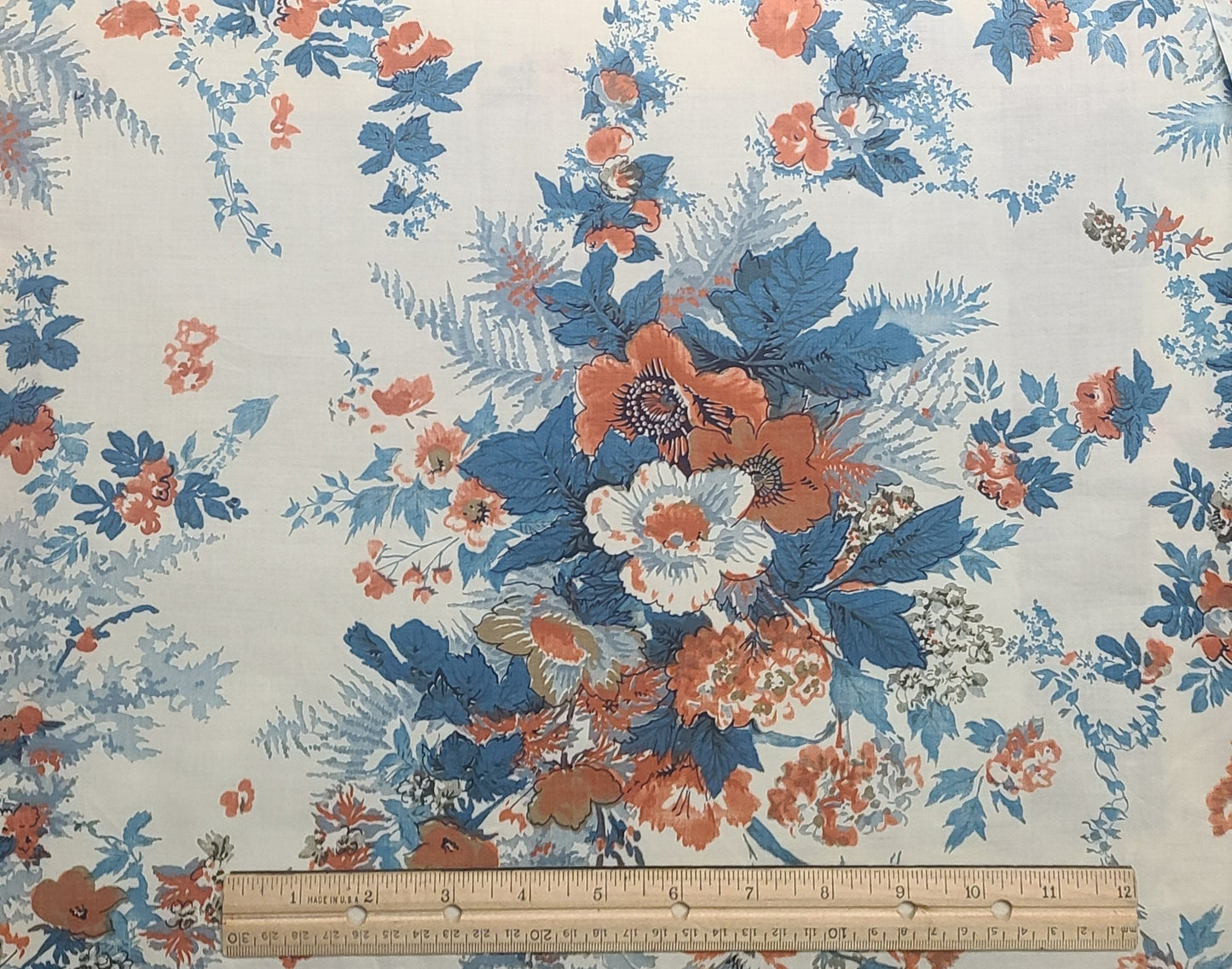 EOB - Schwartz Liebman Textiles - Soft White Fabric / Colonial Blue and Coral Flower Print