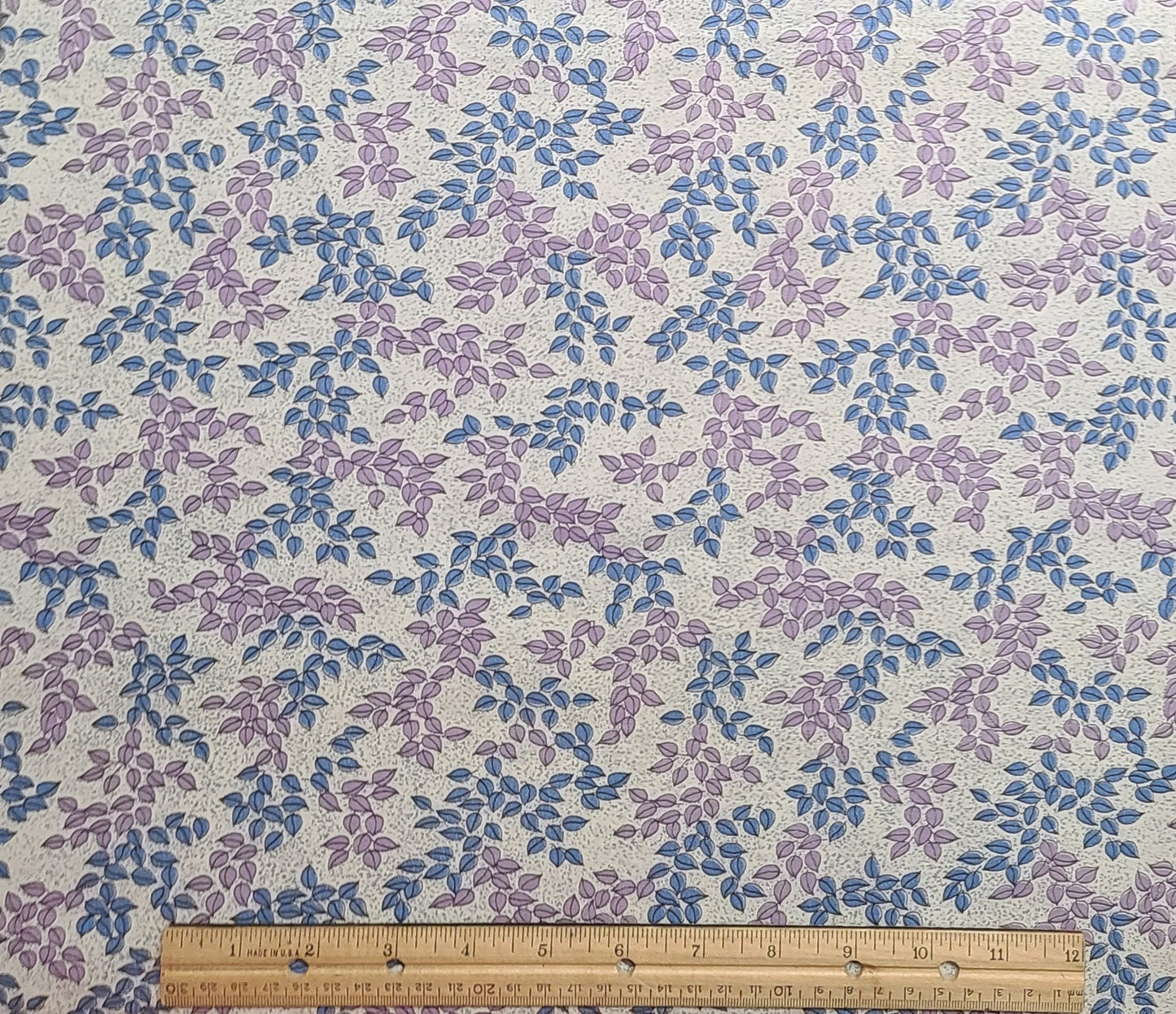 Vintage 35" WIDE Soft White Fabric / Pale Blue Speckled Background / Lavender and Blue Leaf Print - Selvage to Selvage Print