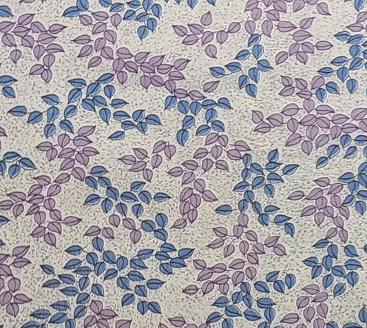 Vintage 35" WIDE Soft White Fabric / Pale Blue Speckled Background / Lavender and Blue Leaf Print - Selvage to Selvage Print