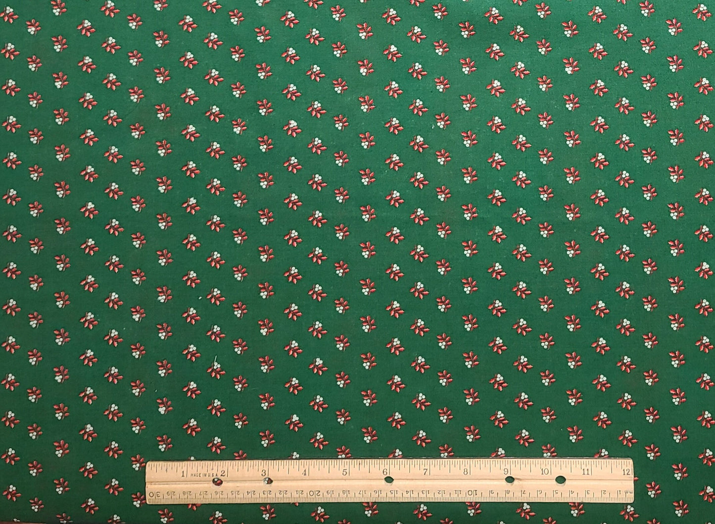 A VIP Cranston Print Works - Green Fabric / Red Leaf and White Berry Christmas Print