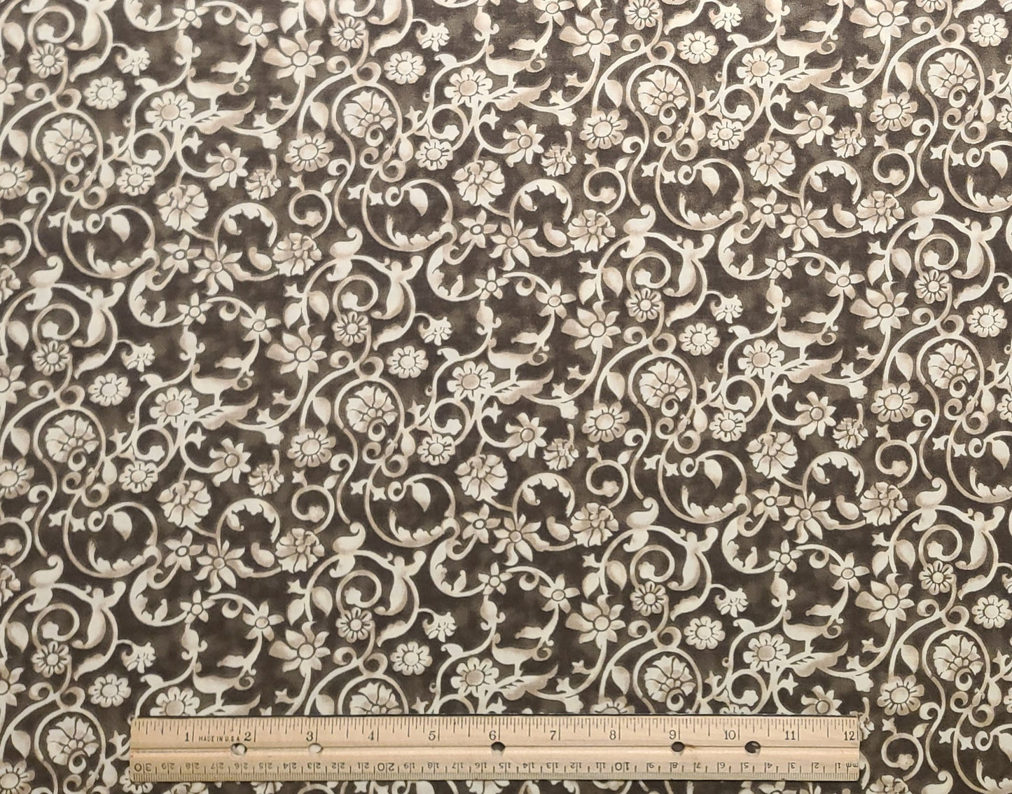 Dark Brown, Tan, Cream Flower and Vine Pattern Fabric